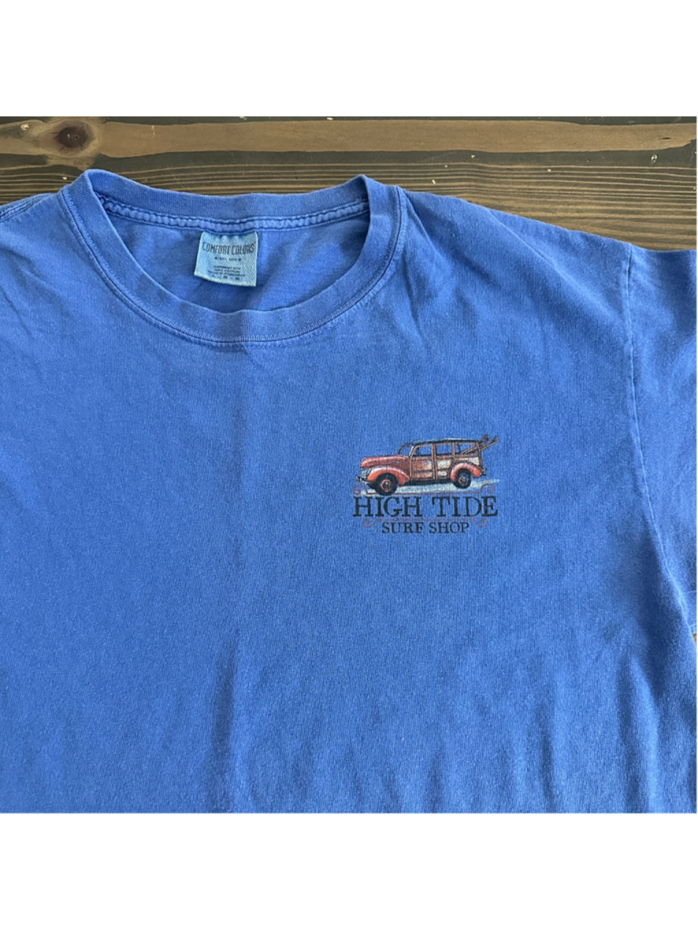 Comfort Colors High Tide Surf Shop Tybee Island GA Tee L Blue Surf Graphic Retro